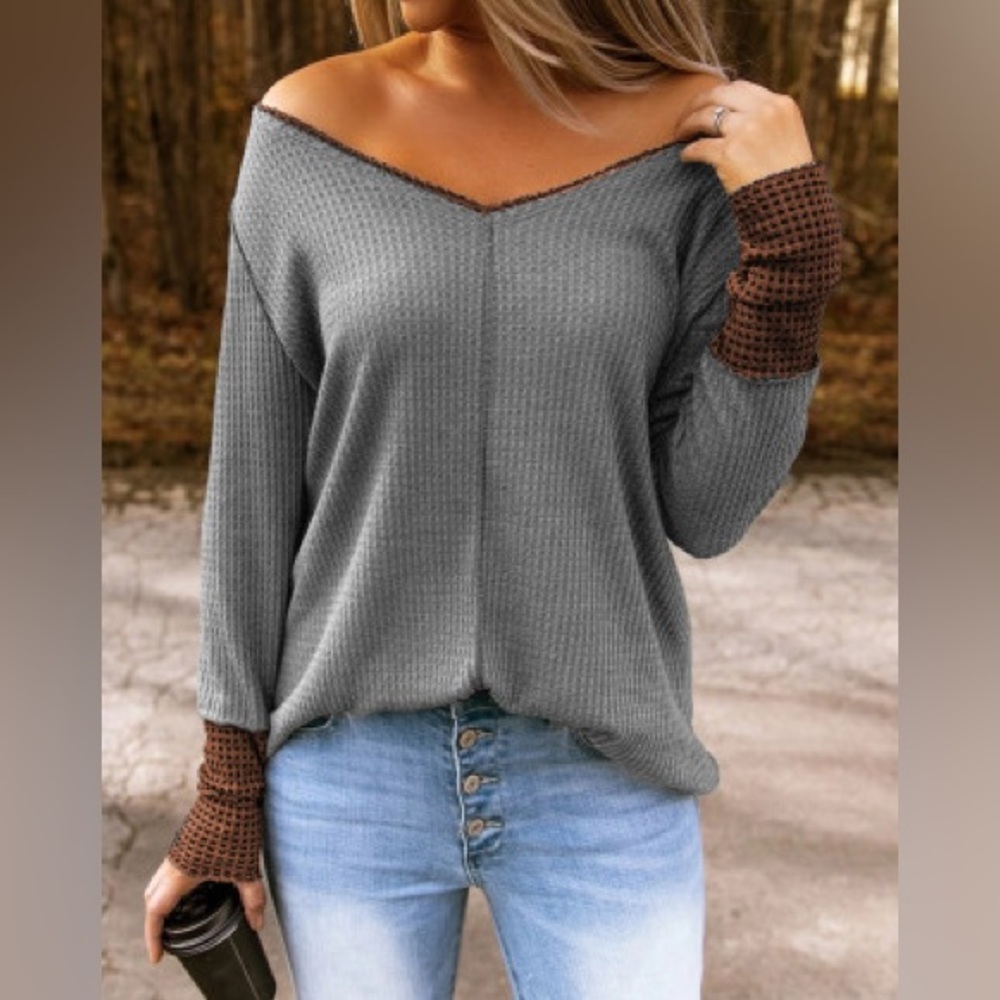 Grey Off Shoulder Ribbed Long Sleeve Top